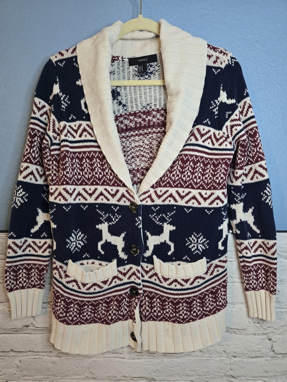 Forever 21 Men’s Shawl Collar Cardigan Sweater - Navy, Burgundy, Cream Xmas Sz M